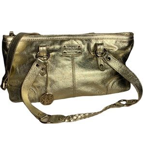 The Sak Metallic Gold Leather Braided Handle Shoulder Hand Bag Purse
